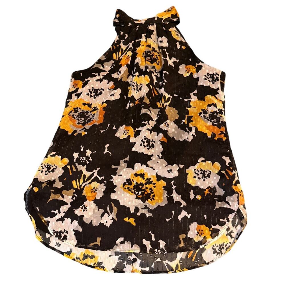 White House Black Market Size 0 Floral Blouse Black Yellow Metallic